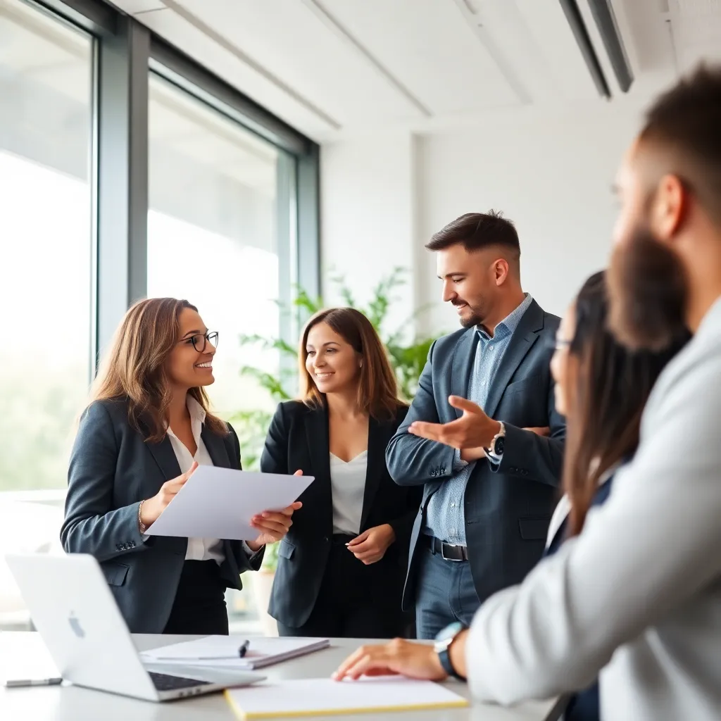 Professionals in een Nederlandse kantooromgeving in gesprek