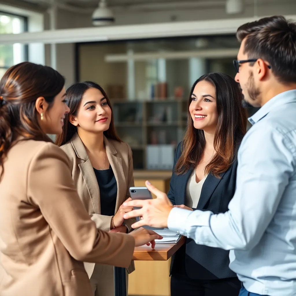 Internationale professionals die communiceren in een Nederlands kantoor